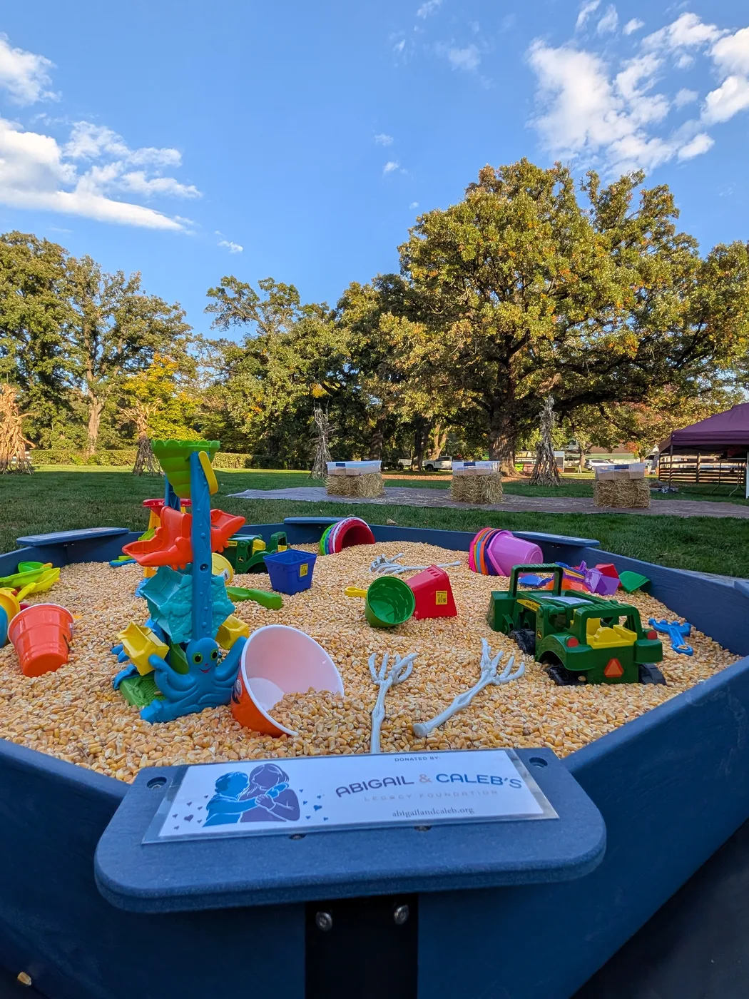 The hexagon corn box donated in Caleb's honor, filled with dried corn and toy loaders, with the foundation's plaque on the front